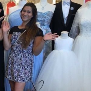 Blue Floral Short Dress Lace Shoulder